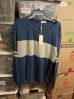 NEW TAG ! Ekouaer Long Sleeve Blue Top Contrast Grey Chest Stripe Sporty Sz 2XL